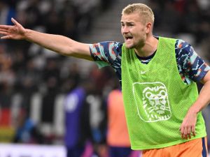 Netherlands' defender #03 Matthijs De Ligt reacts during the warm up prior to the friendly football match between Germany and Netherlands in Frankfurt, western Germany, on March 26, 2024. (Photo by Kirill KUDRYAVTSEV / AFP)