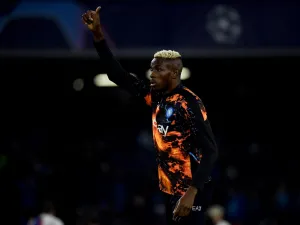 Napoli's Nigerian forward #09 Victor Osimhen warms up before the UEFA Champions League round of 16 first Leg football match between Napoli and Barcelona at the Diego-Armando-Maradona stadium in Naples on February 21, 2024. (Photo by Filippo MONTEFORTE / AFP)