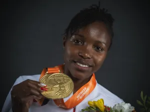 Women's 3000m steeplechase gold medallist Bahrain's Winfred Mutile Yavi poses for portraits during a studio photo session on the sidelines of the World Athletics Championships in Budapest on August 27, 2023. (Photo by ANDREJ ISAKOVIC / AFP)