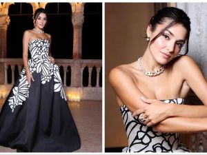 Turkish actress and model Hande Erçel wearing an Elie Saab dress. (Instagram)