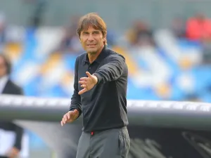 Napoli's Italian coach Antonio Conte reacts during the Italian Serie A football match between Napoli and Lecce at the Diego Armando Maradona stadium in Naples on October 26, 2024. (Photo by CARLO HERMANN / AFP)