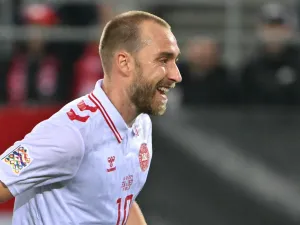 Denmark's midfielder #10 Christian Eriksen reacts after scoring Denmark's second goal during the UEFA Nations League, League A, Group A4 football match between Switzerland and Denmark at The Kybunpark in St Gallen on October 15, 2024. (Photo by Fabrice COFFRINI / AFP)