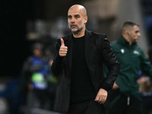 Manchester City's Spanish manager Pep Guardiola gives a thumbs up during the UEFA Champions League football match between SK Slovan Bratislava and Manchester City in Bratislava, Slovakia on October 1, 2024. (Photo by Joe Klamar / AFP)