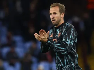 Bayern Munich's English forward #09 Harry Kane reacts ahead of the UEFA Champions League league stage football match between Aston Villa and Bayern Munich at Villa Park in Birmingham, central England on October 2, 2024. (Photo by Darren Staples / AFP)