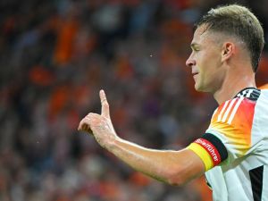 Germany's midfielder #6 Joshua Kimmich reacts during the UEFA Nations League football match between Netherlands and Germany at the Johan Cruyff Arena in Amsterdam, on September 10, 2024. (Photo by NICOLAS TUCAT / AFP)