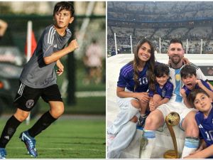 Lionel Messi and his son Thiago Messi.