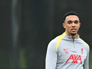 Liverpool's English defender #66 Trent Alexander-Arnold takes part in a training session, at the AXA training centre in Liverpool, north west England, on November 4, 2024, on the eve of their UEFA Champions League football match against Bayer Leverkusen. (Photo by Paul ELLIS / AFP)