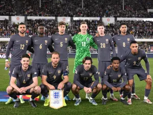England's team poses for a group photo prior to the UEFA Nations League, League B Group B2 football match Finland vs England at the Olympic Stadium in Helsinki, Finland, on October 13, 2024. (Photo by Jonathan NACKSTRAND / AFP)