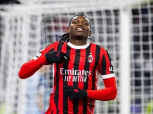 AC Milan's Portuguese forward #10 Rafael Leao celebrates scoring during the UEFA Champions League football match SK Slovan Bratislava vs AC Milan in Bratislava, Slovakia on November 26, 2024. (Photo by -STR / AFP)