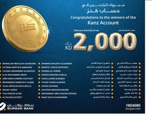 بنك برقان يعلن عن أسماء الفائزين في السحب الشهري لحساب كنز