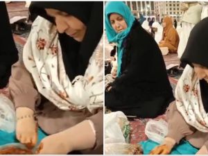 Turkish woman kneading raw Kofta inside Prophet's Mosque in Saudi Arabia