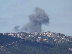 Smoke billows after an Israeli airstrike on the southern Lebanese village of Sejoud on March 22, 2025. An Israeli strike on the south Lebanese town of Touline killed one woman 