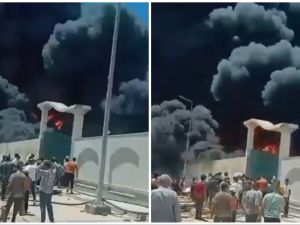 Massive fire engulfs a sponge factory in Damietta, Egypt