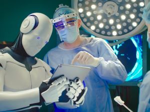 Robot holding digital tablet helps doctor to perform surgical operation in modern hospital. (Shutterstock) AI doctor