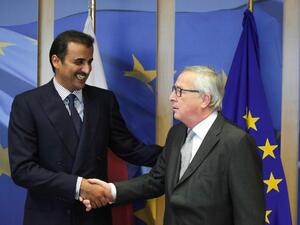 President of the European Commission, Jean Claude Juncker (R) shakes hands with Sheikh Tamin Bin Hamad Al Thani, Emir of Qatar at the European Commission Headquarters in Brussels on Mar. 7, 2018. 
(Aris Oikonomou / AFP)