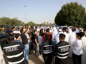 Kuwaiti Shiites gather before the Iranian embassy in Kuwait City on Mar. 7, 2018 to demonstrate calling for the release of Iranian Shiite cleric Hossein al-Shirazi, who was arrested in the Iranian Shiite holy city of Qom a month prior. 
(YASSER AL-ZAYYAT / AFP)