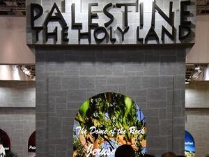 A view of the Palestine stand is pictured at the International Tourism Trade Fair (ITB, Internationale Tourismusboerse) in Berlin during the fair's opening day on Mar. 7, 2018. The business platform for global touristic offers is running from Mar. 7 to 11, 2018.
(John MACDOUGALL / AFP)