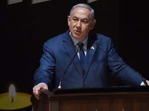 Israeli Prime Minister Benjamin Netanyahu speaks at the official ceremony for Israel's Remembrance Day for fallen soldiers in the Mt. Herzl Military Cemetery in Jerusalem on Apr. 18, 2018. Israel mark the Remembrance to commemorate over 23,646 fallen soldiers since 1860, just before the celebrations of the 70th anniversary of its creation according to the Jewish calendar.
(DEBBIE HILL / POOL / AFP)