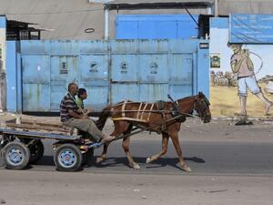 Men on a horse-drawn cart pass in front of an aid distribution center run by the United Nations Relief and Works Agency (UNRWA) in Gaza City (AFP)