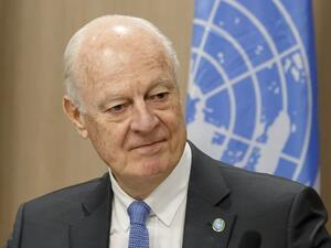 UN Special Envoy of the Secretary-General for Syria Staffan de Mistura speaks as he gestures during a new round of negotiations with the Syrian government at the United Nations headquarters in Geneva, on March 14, 2016. (AFP/Salvatore di Nolfi)