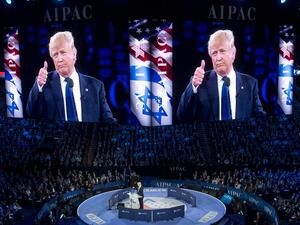 US Republican presidential hopeful Donald Trump gives a thumbs-up as he addresses the American Israel Public Affairs Committee (AIPAC) 2016 Policy Conference at the Verizon Center in Washington, DC, March 21, 2016. (AFP/Saul Loeb)