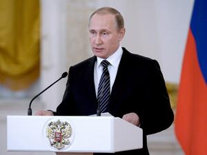 Russian President Vladimir Putin delivers a speech at a ceremony to present state awards to Russian military personnel who fought in Syria at the Kremlin in Moscow, on March 17, 2016. (AFP/Alexei Nikolsky)
