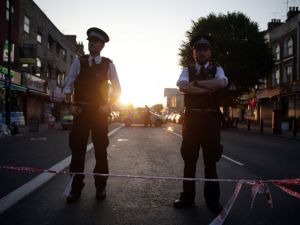 In this file photo taken on June 19, 2017 police guard a street in the Finsbury Park area of north London after a vehichle hit pedestrians. Darren Osborne was found guilty on Feb. 1, 2018 of murder and attempted murder after deliberately driving into a group of people outside a London mosque.

(Daniel LEAL-OLIVAS / AFP)