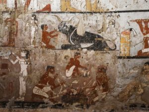 A general view shows well-preserved and rare wall paintings inside the tomb of an Old Kingdom priestess on the Giza plateau on the southern outskirts of Cairo, that was unveiled on Feb. 3, 2018 (MOHAMED EL-SHAHED / AFP)