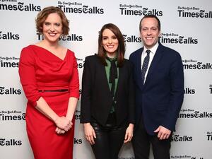 Reporter Kim Barker, actress Tina Fey and screenwriter Robert Carlock attend TimesTalks presents 'Whiskey Tango Foxtrot' at Florence Gould Hall on March 2, 2016 in New York City. (AFPAstrid Stawiarz)