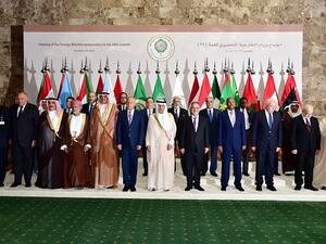 Foreign Ministers pose for a group picture during the preparatory meeting of Arab Foreign Ministers ahead of the 28th Summit of the Arab League in Riyadh. (AFP)
