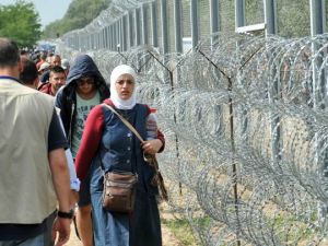  Migrants and refugees walk near razor-wire along a 3-metre-high fence at the official border crossing between Serbia and Hungary (AFP/File Photo)	