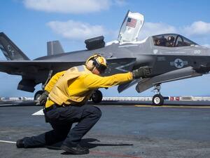 An F-35B Lightning II launches from the amphibious assault ship USS Essex on Sept. 22, 2018. (AFP/ File)