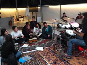 Music teacher and shopowner Mohammad Younes' drum improv during a recent session of Sidewalk Saida, at the city's Ishbilia art hub. (Photo courtesy of Sidewalk Saida)
