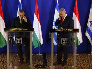 Hungarian Prime Minister Viktor Orban (L) and Israeli Prime Minister Benjamin Netanyahu speak during a press conference after their meeting in Jerusalem on February 19, 2019. 
Ariel Schalit / POOL / AFP