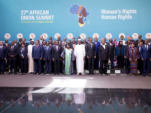 Egypt’s President Abdel-Fattah El-Sisi, far left, with African heads of state at the AU summit in Kigali, Rwanda. (AFP/Cyril Ndegeya)