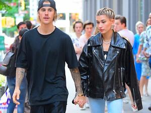 Justin Bieber, 24, struck a serious attitude as he left lunch at Cipriani's in NYC with girlfriend Hailey Baldwin, 21 (Twitter)