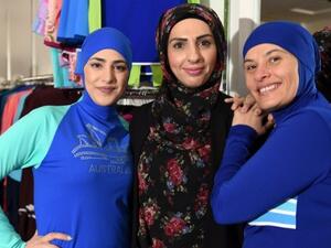 Muslim models display burkini swimsuits at a shop in western Sydney on August 19, 2016. (AFP/Saeed Khan)