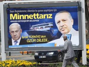 Benjamin Netanyahu and Recep Tayyip Erdogan on poster in Turkey after flottila incident.(AFP)