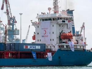A picture taken on July 3, 2016 shows Lady Leyla, a humanitarian aid ship sent from Turkey to the Gaza Strip, docked at the Israeli southern port of Ashdod, (AFP/Jack Guez)
