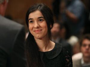 Nadia Murad Basee Taha called for justice for the victims of the Islamic State group and argued that the 2014 attack on the Yazidis should be recognized as a genocide. (AFP/Mark Wilson)