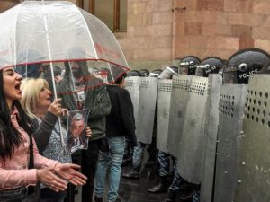 It's a tumultuous day for Armenia, given that the annual commemoration of the Armenian Genocide occurs amidst the shock resignation of President Serzh Sargsyan. / AFP / Vano SHLAMOV