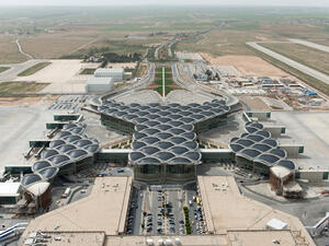 An aerial view of QAIA, designed by Foster and Partners and inspired by Bedouin tents. (Dezeen)
