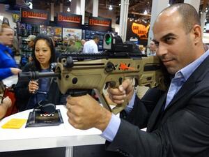 The IWI Tavor assault rifle, widely exported worldwide, on display at an arms fair. (IWI) 