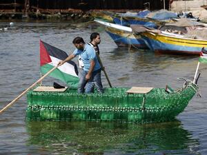 A Palestinian boat made of recycled bottles. (AFP/File)