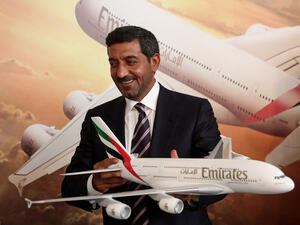 Shaikh Ahmad Bin Saeed Al Maktoum, President of Dubai Civil Aviation and Chairman and Chief Executive of Emirates airline and Group at the 2010 Berlin Air Show. (AFP/Sean Gallup)