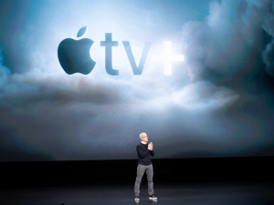 Apple CEO Tim Cook speaks during an event launching Apple TV+ at Apple headquarters on March 25, 2019, in Cupertino, California. (AFP)