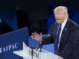 US Republican presidential hopeful Donald Trump addresses the American Israel Public Affairs Committee (AIPAC) 2016 Policy Conference at the Verizon Center in Washington, DC, March 21, 2016.  (AFP/Saul Loeb)