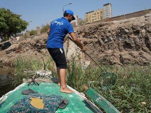 “Youth for the Nile” stand against the Nile river’s pollution. (Twitter) “Youth for the Nile” stand against the Nile river’s pollution. (Twitter)