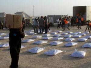 عراقية تحمل علبة مساعدات من الصليب الاحمر في الانبار
