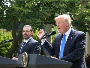 الرئيس الاميركي دونالد ترامب (يمين) خلال مؤتمر صحافي مشترك في حديقة البيت الابيض مع رئيس الوزراء اللبناني سعد الحريري


